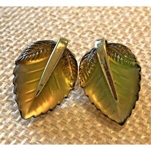 Vintage Whiting & Davis Green Leaf Clip On Earrings Gold Tone Mid Century Nature